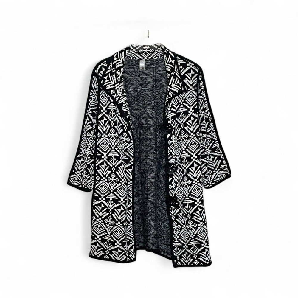 Thomas & Olivia Open Front Cardigan Sweater Black White Aztec Tribal Knit Size M